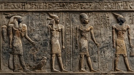 Ancient Egyptian relief carving depicts figures with hieroglyphs and ornate detail