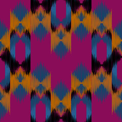 Ethnic ikat yellow on pink dye yarns weaving seamless pattern. Vector hand drawn craftsmanship embroidery bohemian, abstract square geographic art fabric ikat textile material design for clothing 
