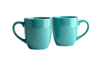Two teal ceramic mugs, side-by-side, against a black backdrop, well-lit