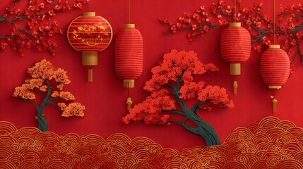 Paper cut style lantern street lunar new year background