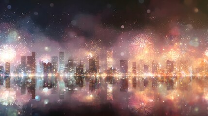 Soft glow city skyline fireworks background