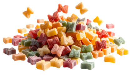Colorful pile of alphabet-shaped gummy candies, some airborne, all translucent