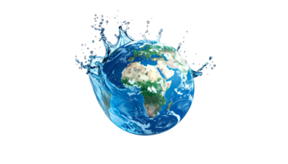 Globe of Earth encircled by water splash, with continents visible on black background