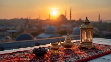 Peaceful Evening on Rooftop with Vintage Lamp and Tea View of City Mosques at Sunset