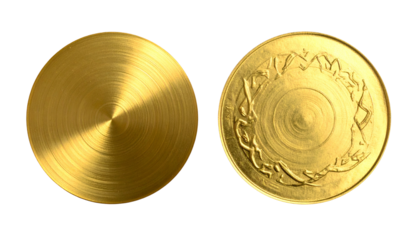 Two circular, golden objects, one plain and the other with raised intricate detailing