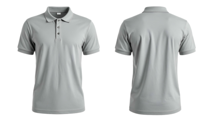 Front and back views of a light gray polo shirt on a transparent background