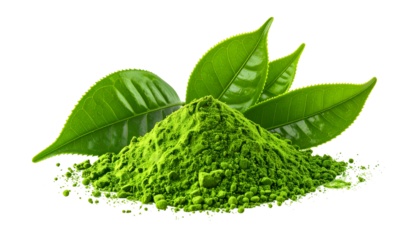 A vibrant pile of finely ground green powder with fresh green leaves