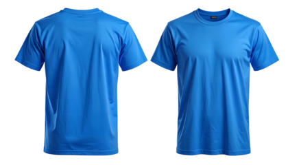 A dual view, front and back, of a plain blue athletic shirt on a black background