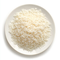 Cooked white rice served on round plate with clean white background