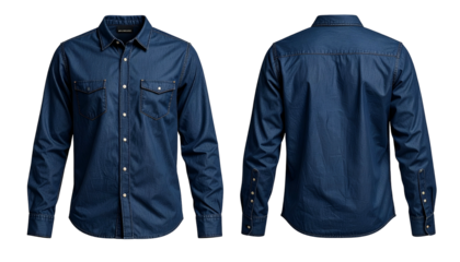Front and back views of a dark blue, long-sleeved button-down shirt with pockets