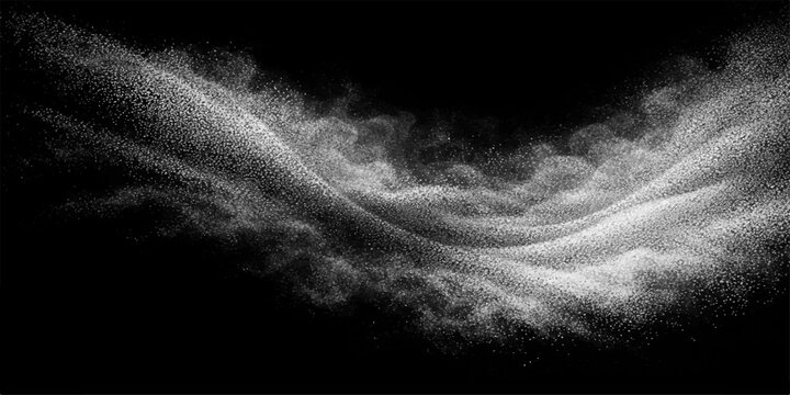 An abstract motion of swirling white smoke and ethereal mist creates a dark textured cloud explosion against a black night sky background