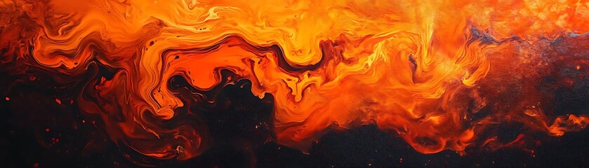 Vibrant orange and black abstract background with swirling patterns and textures