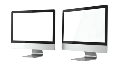 Two modern desktop computer monitors with bright, blank screens, side-by-side