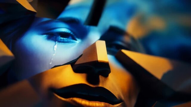 Shattered 3D face crying with a tear rolling down the cheek. Abstract digital art of a fragmented sad humanoid. Mental health and depression concept