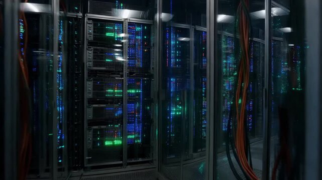 Moving through a modern server room in a data center with rows of racks. Computer hardware with blinking blue and green LED lights. Cloud computing and digital network storage concept