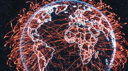 Fast dynamic data flow represented by streams of light particles moving across a digital geopolitical world map structure in vibrant red and orange digital stream, tech, vibrant red and orange - Powered by Adobe