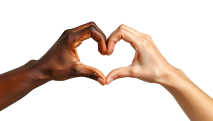 Hands of diverse skin tones form a heart shape against a stark black background