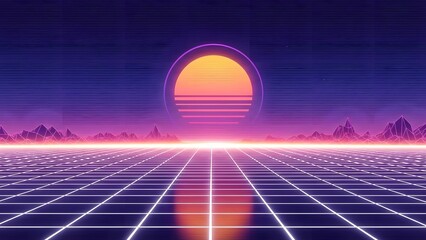 A vibrant 80s retro-futuristic synthwave landscape featuring a glowing neon sun over a digital wireframe grid, low-poly mountains, and a purple atmospheric sky with scanline textures.