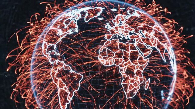 Fast dynamic data flow represented by streams of light particles moving across a digital geopolitical world map structure in vibrant red and orange digital stream, tech, vibrant red and orange