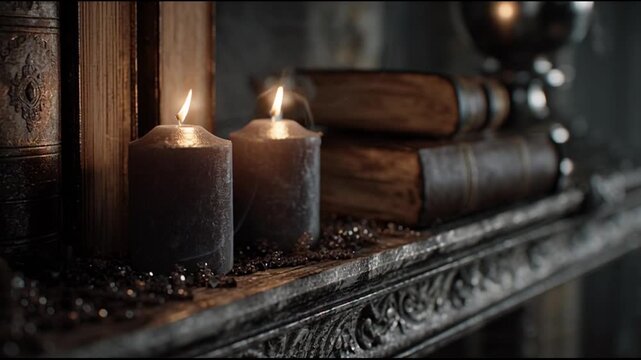 Atmospheric Still Life Dark Candles Old Books Mantlepiece