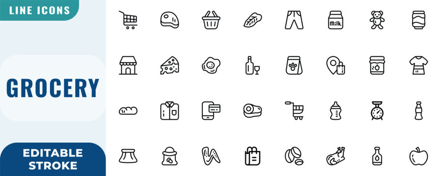 Grocery icon set. Editable Stroke Vector Set. Line Icon.