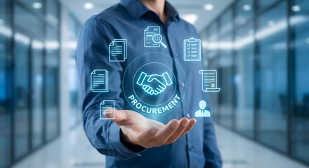 Businessman presenting procurement concept with handshake and documents