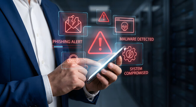 Businessman with smartphone experiencing cybersecurity threats - Powered by Adobe