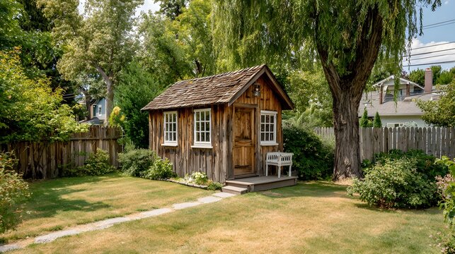 Charming small wooden shed with a shingled roof standing in a green backyard surrounded by trees and a wooden fence on a bright sunny day.