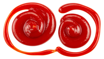 Two swirls of bright red tomato condiment, connected by a slender strip, against black