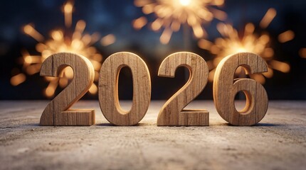 Wooden 2026 Numbers with Festive Sparklers and Bokeh Lights on Textured Surface