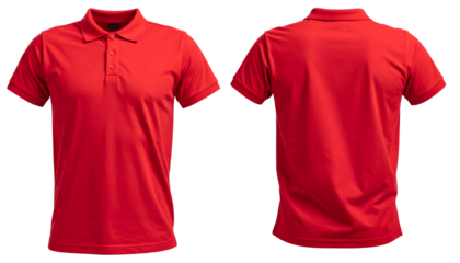 Red polo shirt, front and back view, clean presentation against black background