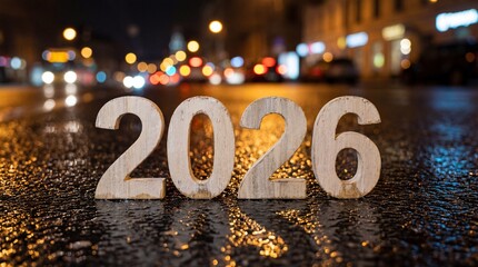Wooden '2026' numbers on wet city street at night with blurred bokeh lights, new year concept