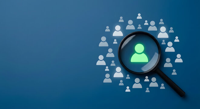 magnifying glass on green person icon with gray crowd