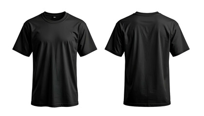 Black t-shirt mockup, front and back views against a black background