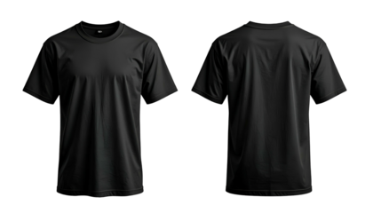 Black t-shirt mockup, front and back views against a black background