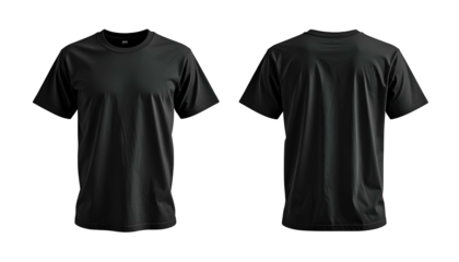 Front and back views of a plain, black short-sleeve crewneck t-shirt against black background