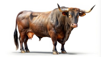 Powerful dark brown bull with large horns standing in profile against a white background