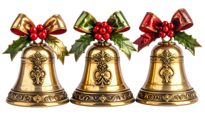 Three ornate brass bells, each with colorful bows, holly, and berries