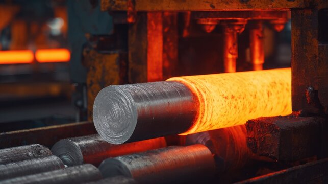 Shot of aluminum billets being prepared and fed into a hydraulic extrusion machine highlighting the raw material to product transformation process.