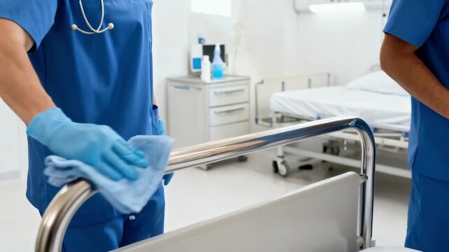 Medical staff cleaning a hospital bed rail with antimicrobial surface spray emphasizing infection control and patient safety in healthcare settings.