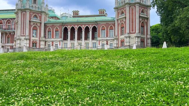 Tsaritsyno is a palace and park ensemble in the south of Moscow, founded in 1776 by order of Empress Catherine II. The Grand Palace in Tsaritsyno Park in cloudy weather. 4К