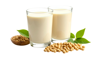 Two glasses of creamy, beige liquid with soy beans and leaves, natural background