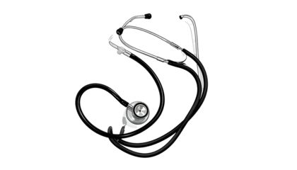 A black and silver stethoscope, isolated against a stark black background, angled for view