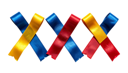 Satin ribbons, blue, red, & gold, crisscross, on black background, creating decorative pattern