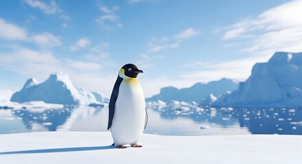 Obraz premium Penguin standing on ice with glaciers in the background under a blue sky