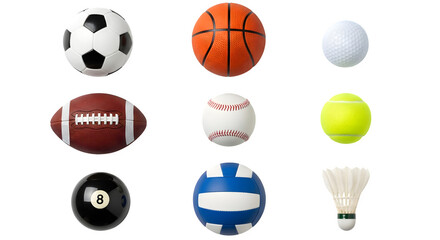 Fototapeta premium Collection of various sports balls including soccer basketball and tennis isolated on transparent background