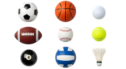 Collection of various sports balls including soccer basketball and tennis isolated on transparent background