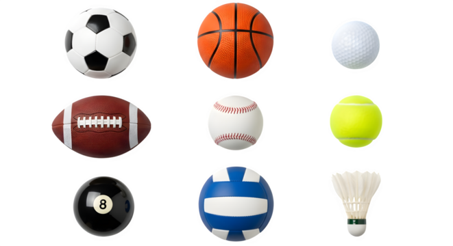 Collection of various sports balls including soccer basketball and tennis isolated on transparent background - Powered by Adobe