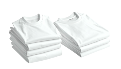 Two stacks of crisp white folded t-shirts, arranged next to each other