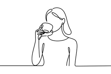 A single line drawing depicts a person holding a cup and drinking from it.